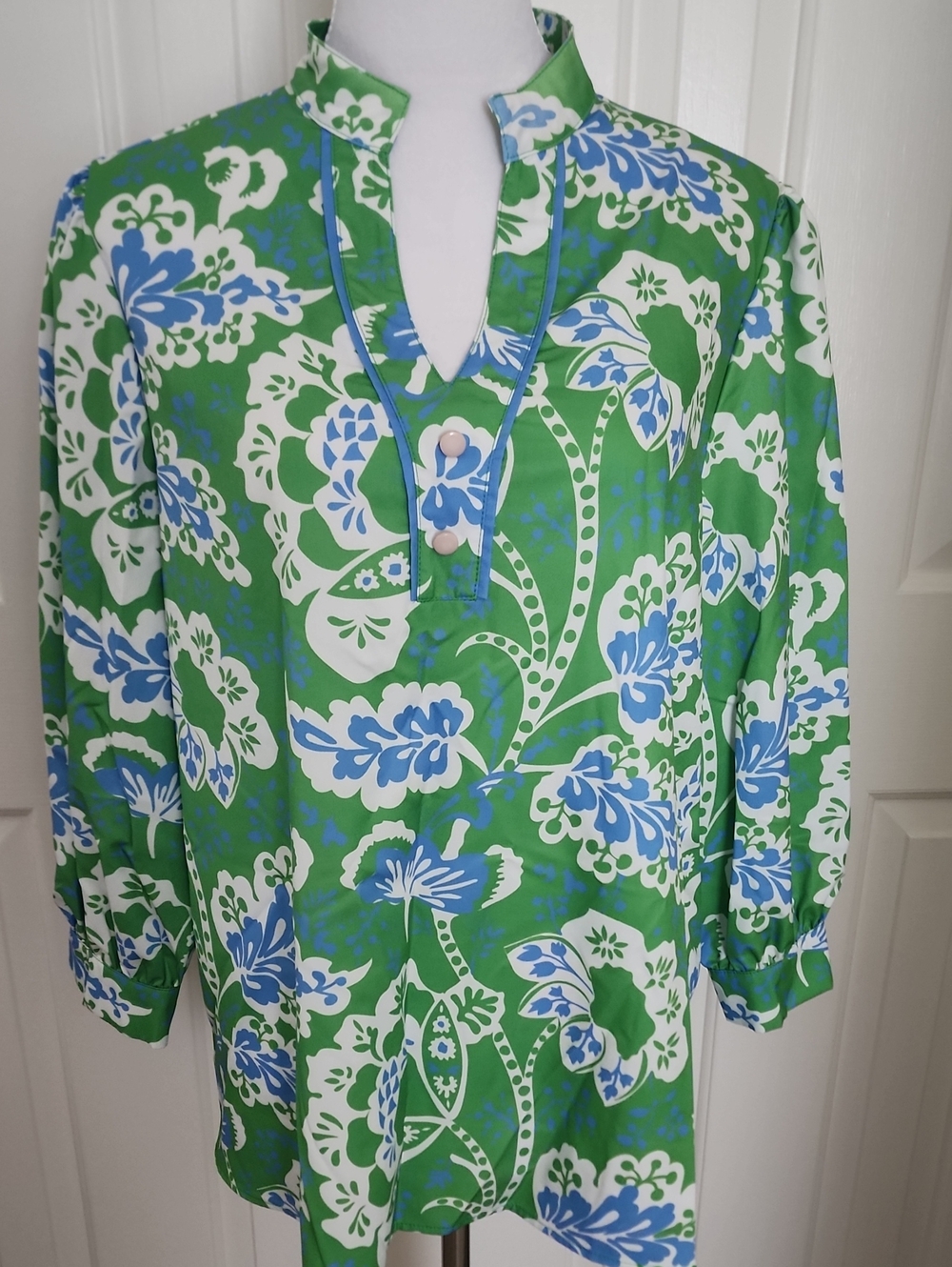 A Classy Chic Boutique Green and Blue Floral Split-Neck Tunic